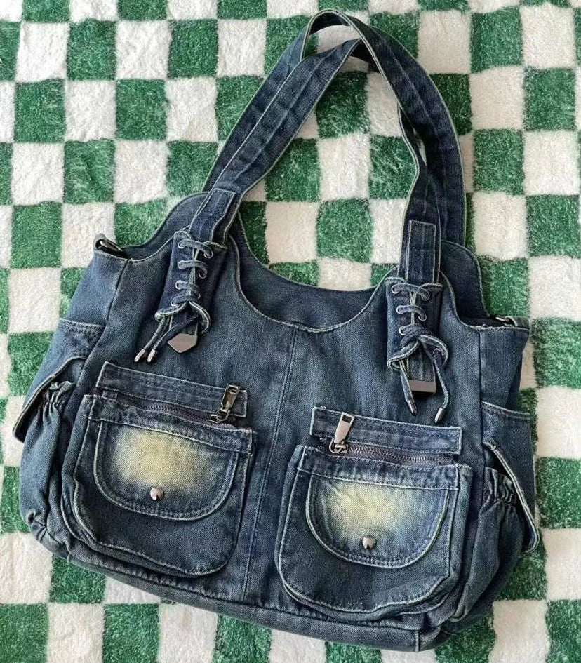 Ingvn  New Spicy Girl Cowboy Bags Single Shoulder Bag Diagonal Strap Large Capacity Bags Shoe Laces Casual Retro Denim Bag Women's Bag
