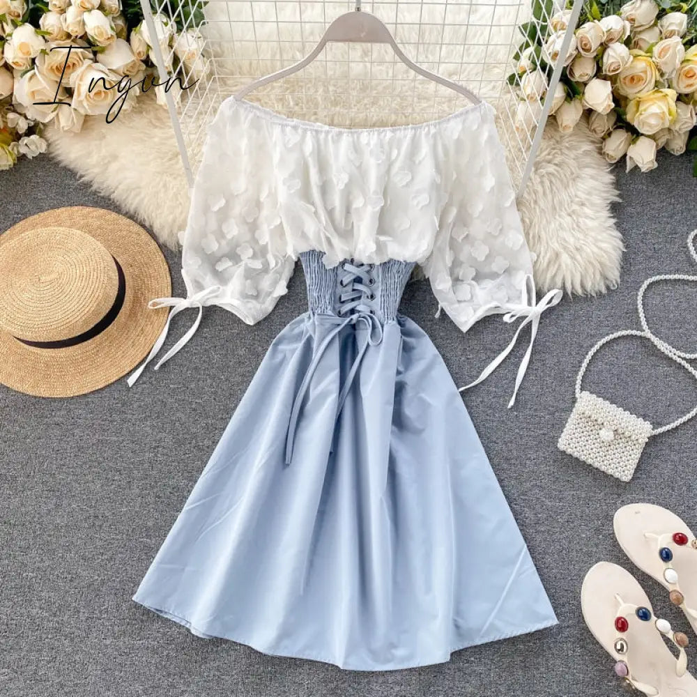 Ingvn - New Fashion Sexy Off Shoulder patchwork Summer Short Dress Party flower chiffon Slim waist lace up Women casual A-Line beach dress