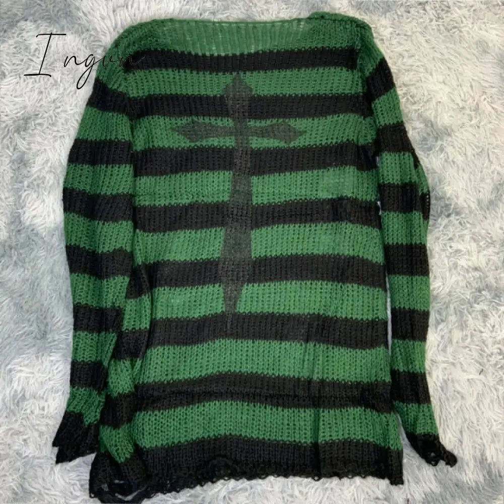Ingvn - Plus Size Punk Gothic Long Unisex Sweater Dress Cool Hollow Out Hole Broken Jumper Loose Rock Thin Sweter Women Man Striped