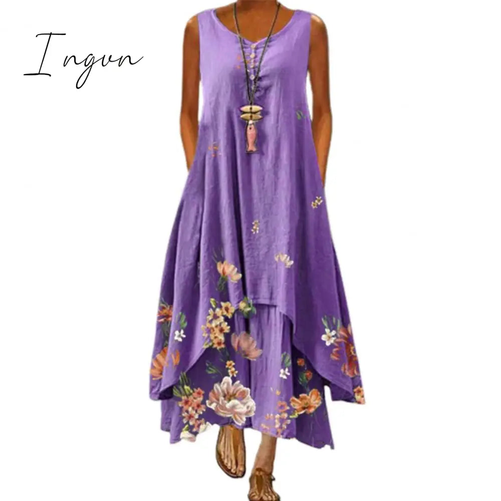 Ingvn - Summer Dress Plus Size Floral Print Irregular Hem Women Buttons Round Neck Dress Women's Clothing Sleeveless Beach Maxi Dresses