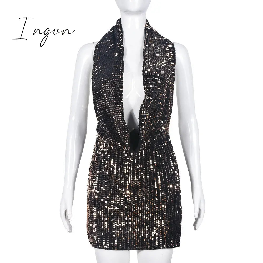 Ingvn - Sequin Mini Black Dress Sexy Club Party Bodycon Fashion Evening Dresses Women 2023 Summer Clothing Elegant Luxury Hoodie Dresses