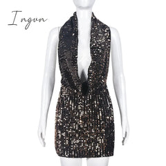 Ingvn - Sequin Mini Black Dress Sexy Club Party Bodycon Fashion Evening Dresses Women 2023 Summer Clothing Elegant Luxury Hoodie Dresses