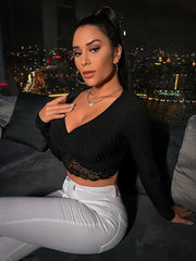 Charming Cropped Lace V-Neck T-shirt - Solid Color Long Sleeve Top - Womens Casual Fashion Essential