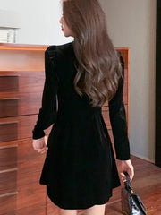Elegant Solid Velvet Dresses for Women V-neck Long Sleeve A-line French Mini Dress Party Evening Autumn Casual Vestidos Mujer