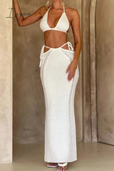 Ingvn - Sexy Vacation Solid Backless Strap Design Halter Sleeveless Two Pieces
