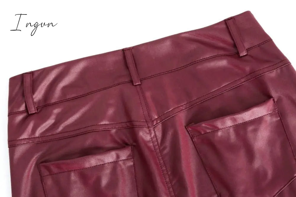 Ingvn - PU Leather Pants Women High Waist Button Zipper Slim Push Up Woman Pencil Pants Casual Pockets Blue Skinny Women Pants Plus Size