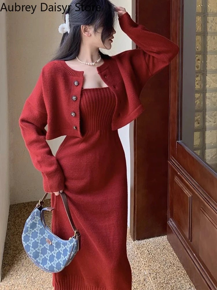 Elegant Red Knitting Dress Women Korean Fashion Office Lady Two Piece Dress Female Winter Warm Casual Christmas Party Dress