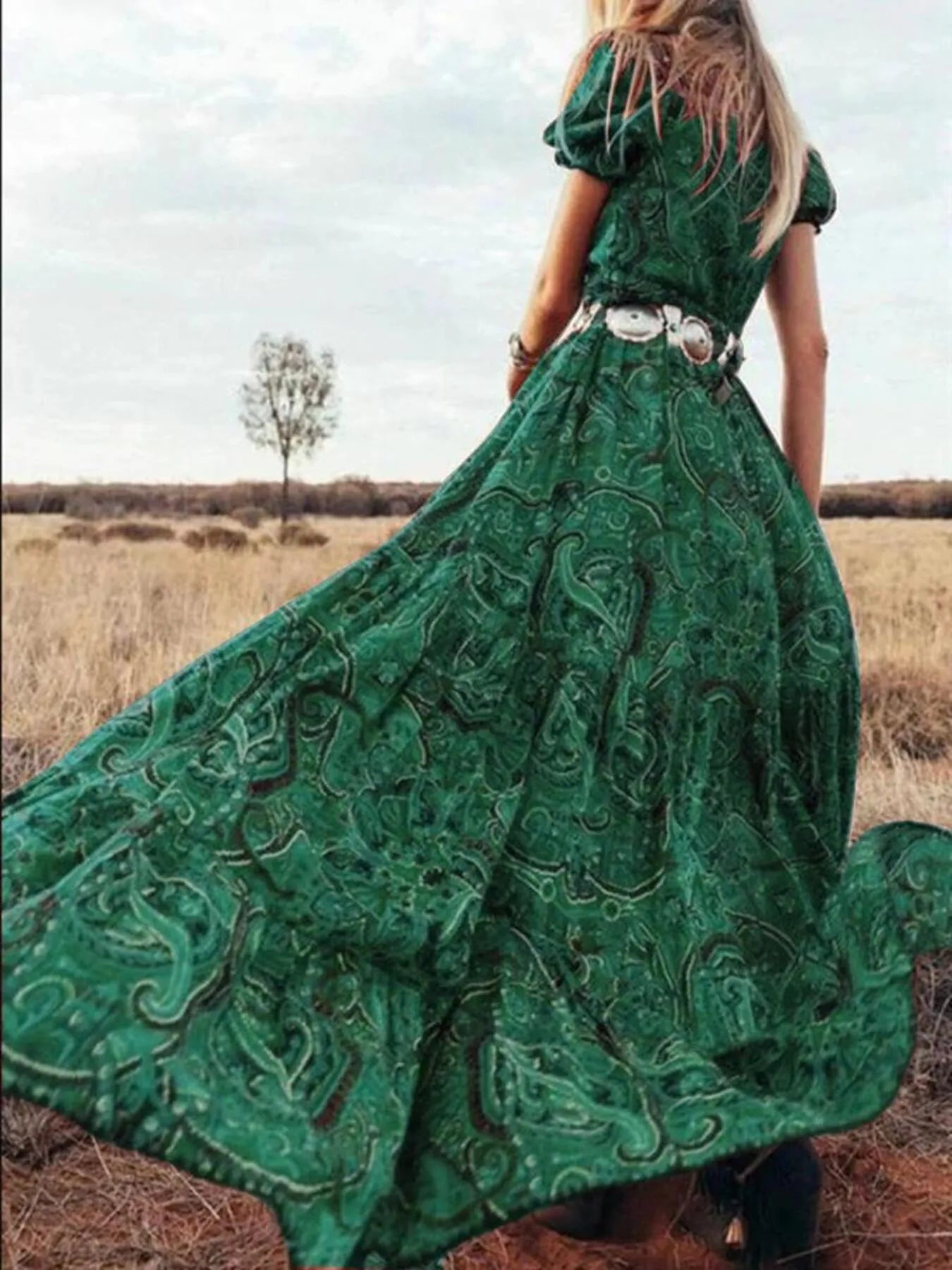 Full Size Printed Puff Sleeve Maxi Dress Plus Size