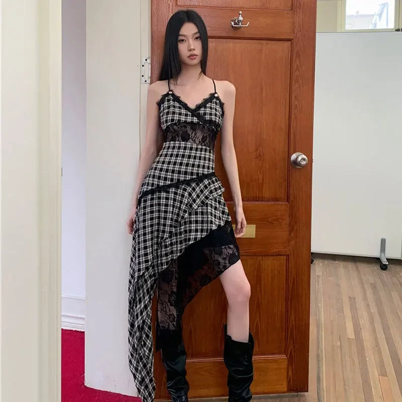 Black And White Plaid Women's Dress Lace Splicing Irregular Hem Slimming Strap Long Dress Design Sense Niche Sleeveless