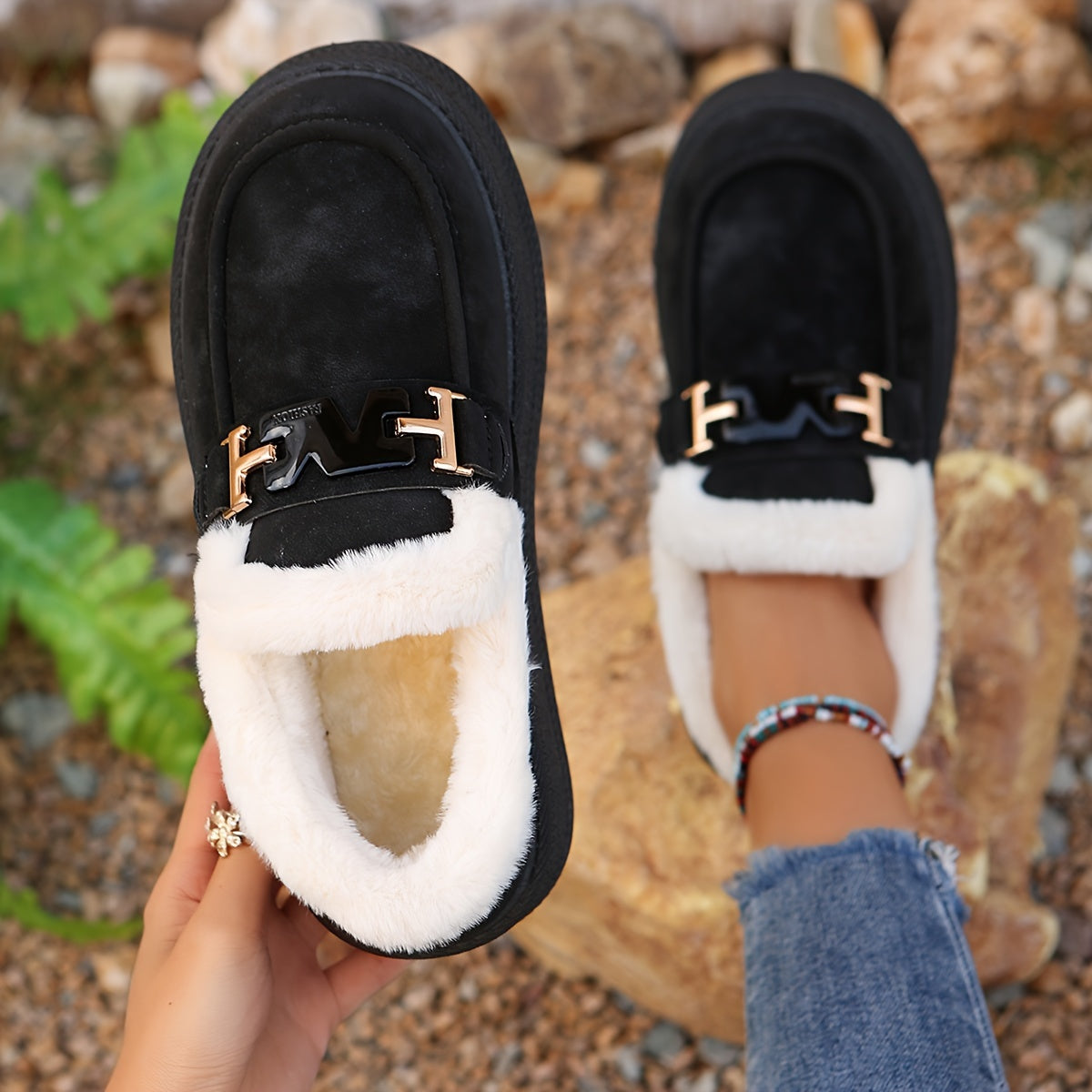 Cozy & Stylish Women's Winter Snow Boots - Plush Lined, Slip-On Loafers with Metal Buckle Detail, Warm Outdoor Footwear