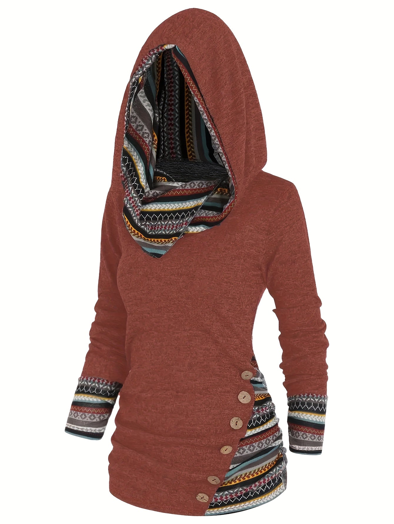 Stripe Splicing Button Decor Hoodie, Casual Long Sleeve Hoodie, Women's Clothing