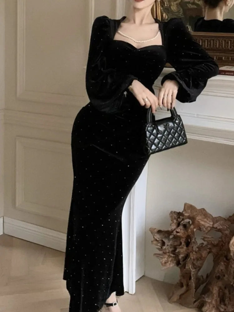 Elegant Velvet Black Mermaid Dress for Women Autumn Vintage Slim Solid Lantern Sleeve Dresses Fashion Evening Party Female Robe