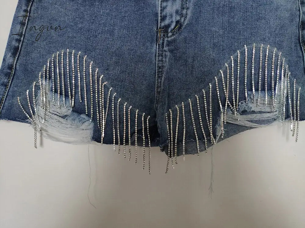 Ingvn - Spring Autumn Fashion Tide Denim Short Women High Street Rhinestone Sequins Hole Tassel Fit Wild Clothing
