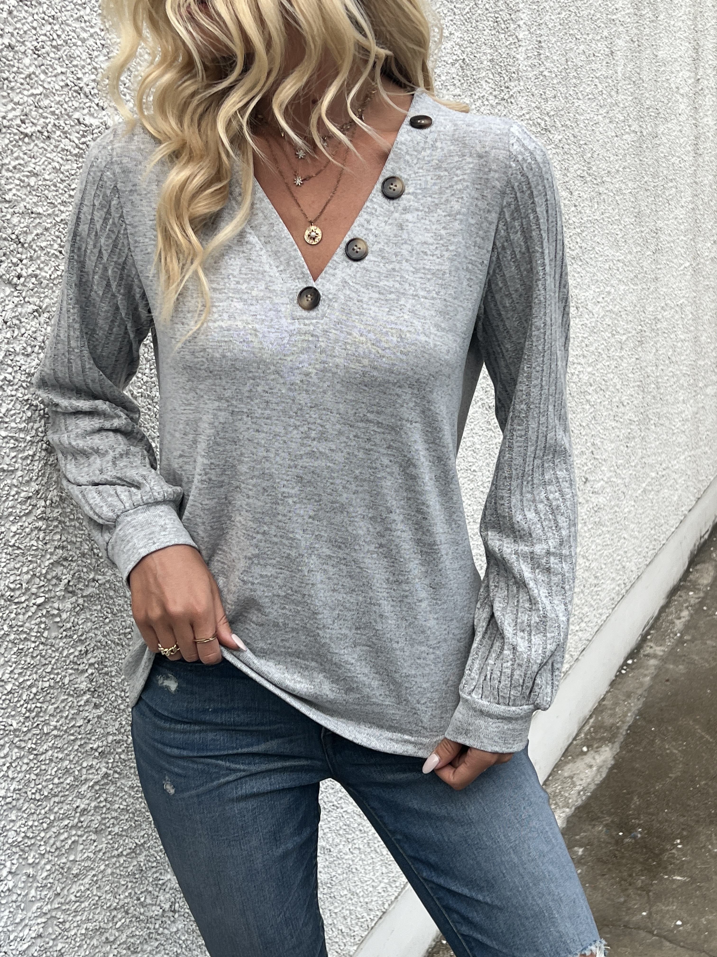 Stylish V Neck Long Sleeve Ribbed T-shirt - Women's Elegant Daily T-Shirts with Buttons - Soft, Breathable, and Comfortable Clothing for Everyday Wear