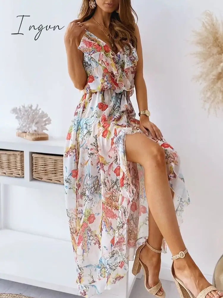 Ingvn - 2023 Fashion Women Summer Princess Dress Bohemian Sling Backless Deep V-Neck Floral Printing Ladies Dress Zipper Irregular Dress Streetwear