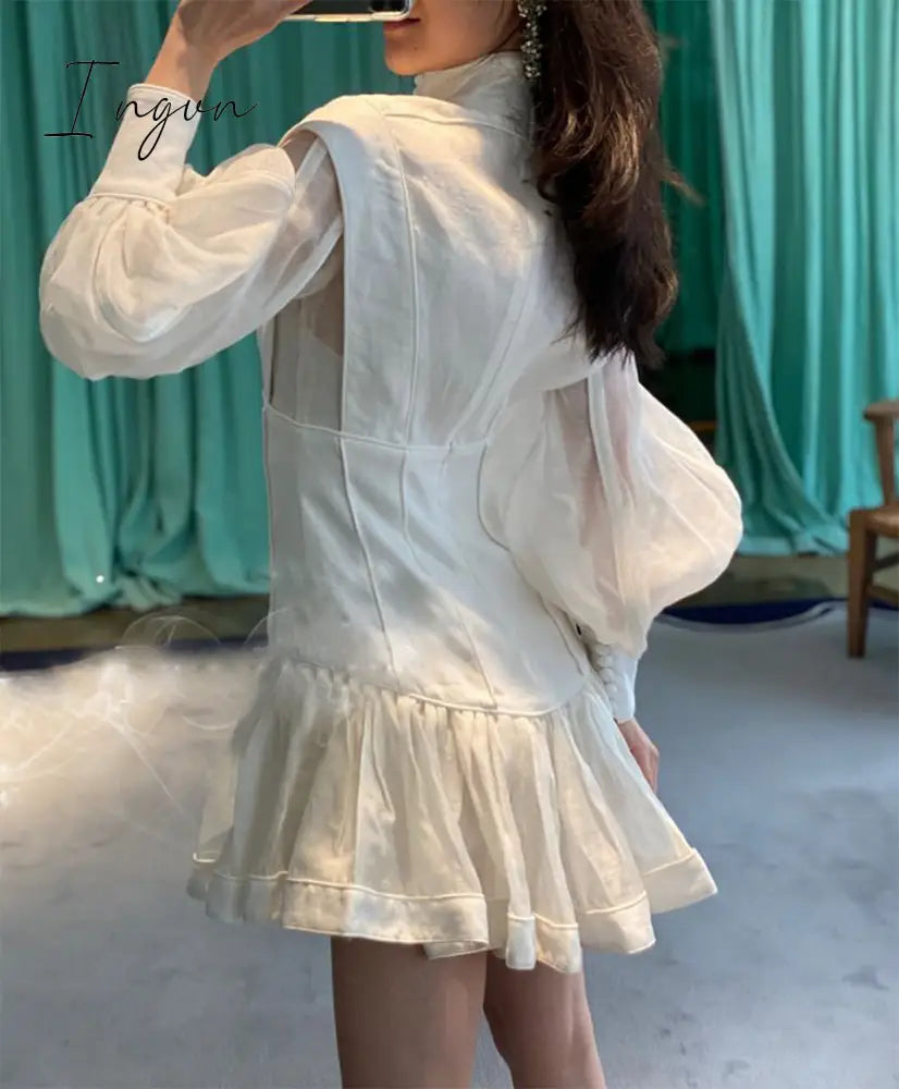 Ingvn - High-end Custom Fashion runway Dresses Stereoscopic cut slender button with bubble sleeves ladies dress