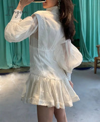 Ingvn - High-end Custom Fashion runway Dresses Stereoscopic cut slender button with bubble sleeves ladies dress