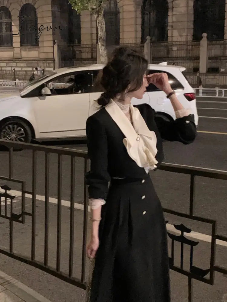 Ingvn - Korean Suit Autumn Elegant 2 Piece Dress Set Office Lady Long Sleeve Crop Tops + Casual Black Midi Skirt Woman Slim Retro