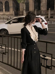 Ingvn - Korean Suit Autumn Elegant 2 Piece Dress Set Office Lady Long Sleeve Crop Tops + Casual Black Midi Skirt Woman Slim Retro
