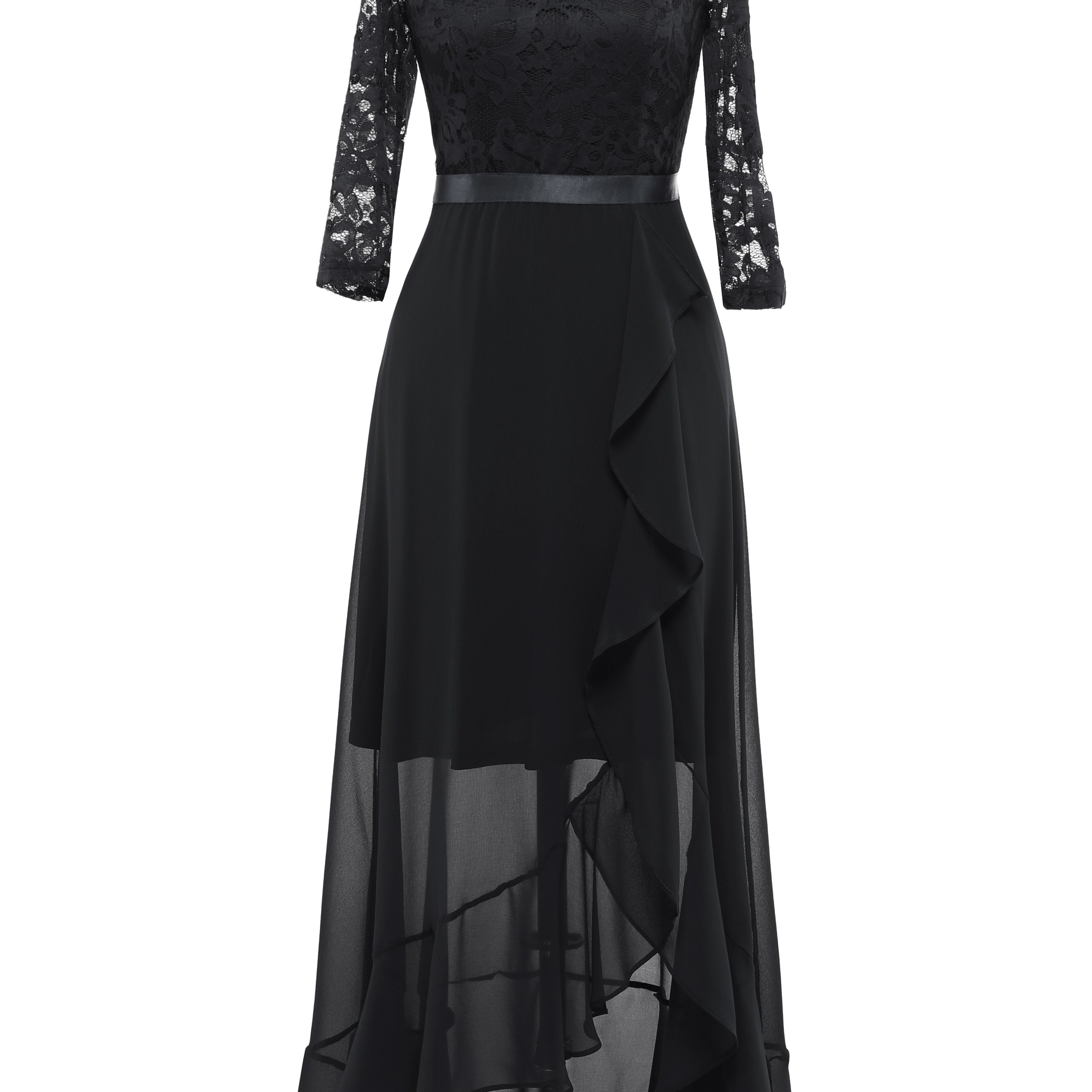 Solid Lace Splicing Aline Dress, Elegant V-neck Ruffle Hem Asymmetrical Dress For Wedding Party, Women's Clothing Wedding graduation engagement occasion ceremony party holiday vacation birthday