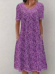 Bohemian Floral Charm - Dual Pocket Crew Neck Dress with Short Sleeves - Stylish Casual Womens Clothing for Summer