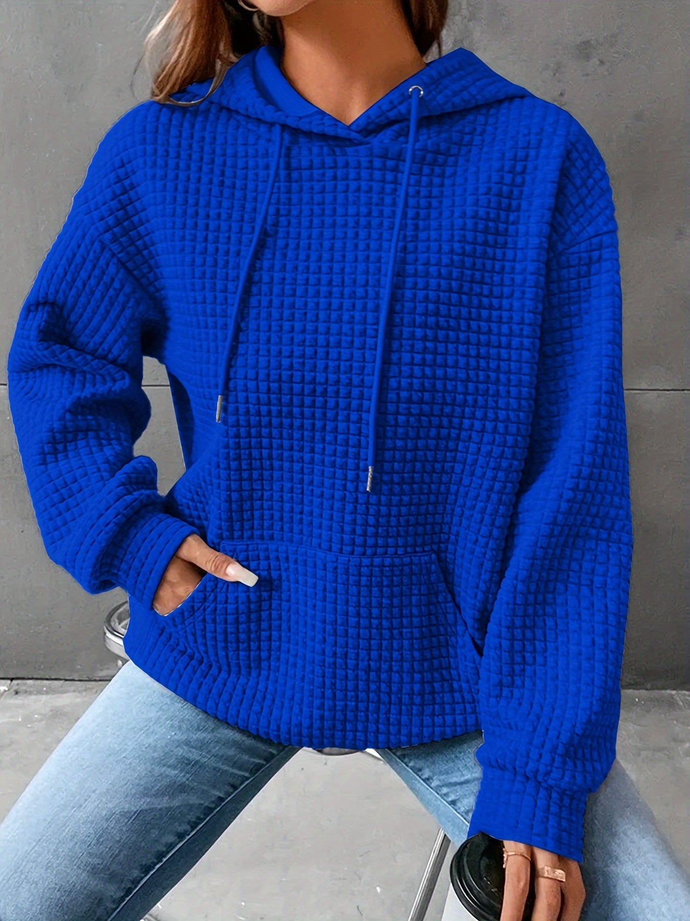 Waffle Grid Kangaroo Pocket Hoodie, Casual Long Sleeve Drawstring Hoodies Sweatshirt, Women's Clothing