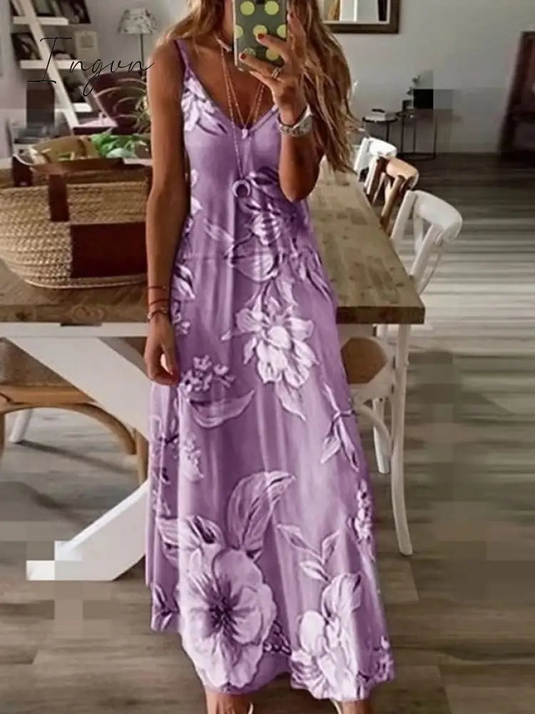 Ingvn - Women's Long Dress Maxi Dress A Line Dress Summer Dress Print Dress Floral Fashion Modern Daily Holiday Date Ruched Print Sleeveless V Neck Dress Regular Fit Pink Blue Purple Summer Spring S M L XL