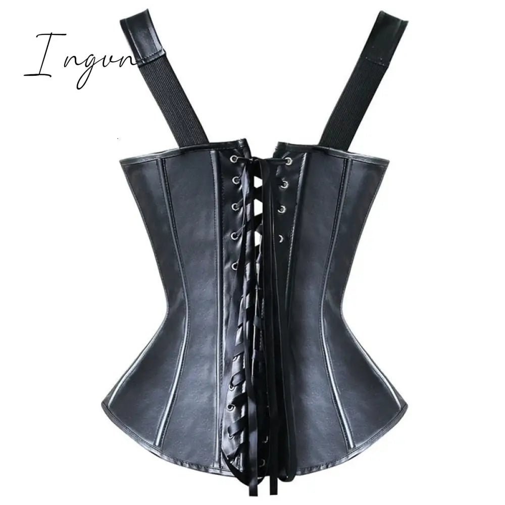 Ingvn - Faux Leather Corset Top Shoulder Strap Corselet Black Zipper Buckled Bustier Waist Trainer Vest Corset Overbust Women Steampunk