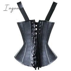 Ingvn - Faux Leather Corset Top Shoulder Strap Corselet Black Zipper Buckled Bustier Waist Trainer Vest Corset Overbust Women Steampunk