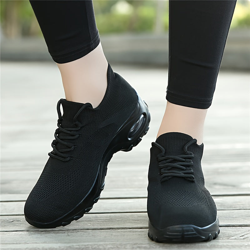 Comfortable Air Cushion Sneakers for Women - Breathable Mesh Upper, Thick Sole, Lazy Lace-Up Design, Fabric Material, Ideal for Casual Running, Sports, and Business Wear