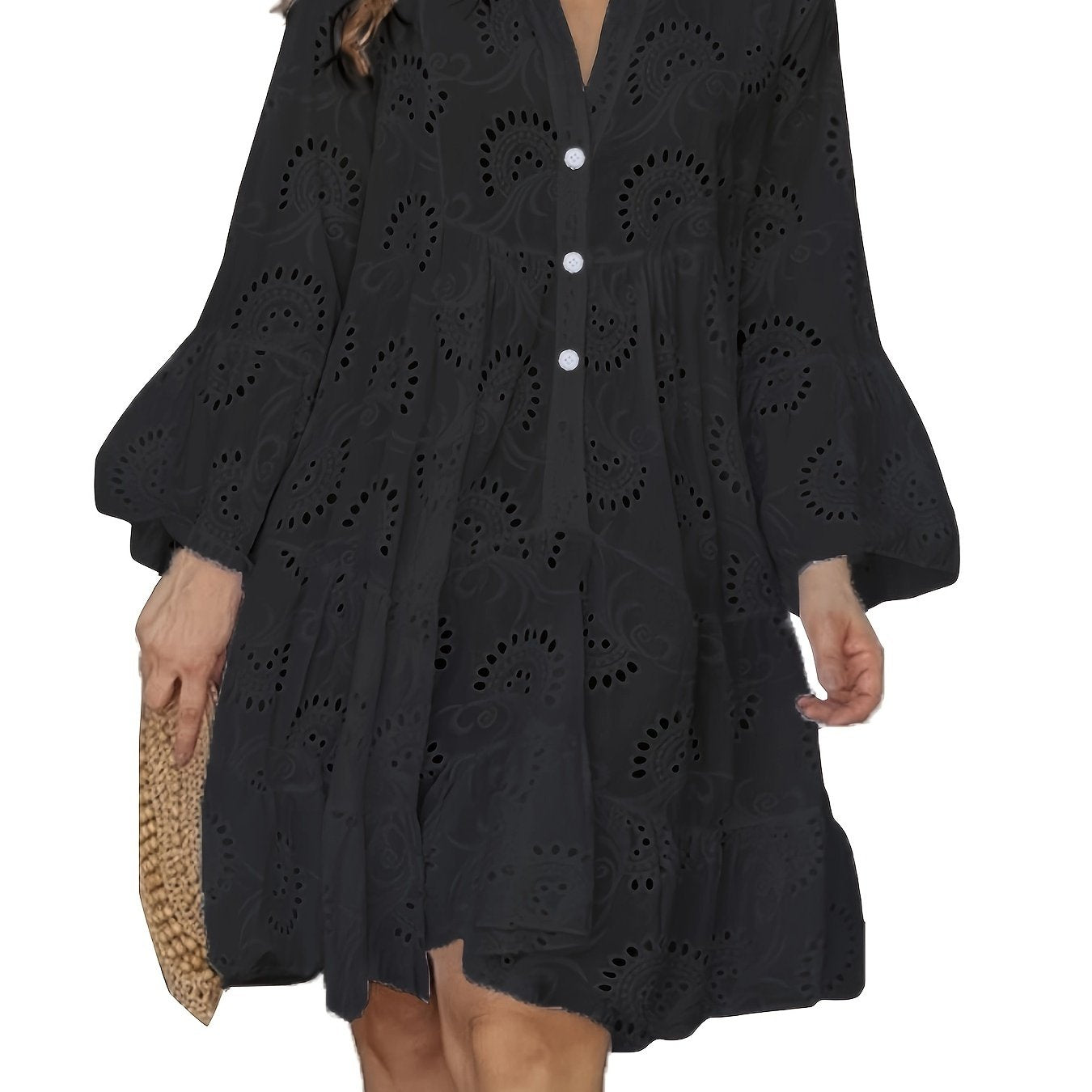 Elegant V Neck Hollow Ruffle Hem Flared Sleeve Dress, Women's Solid Wedding Clothing