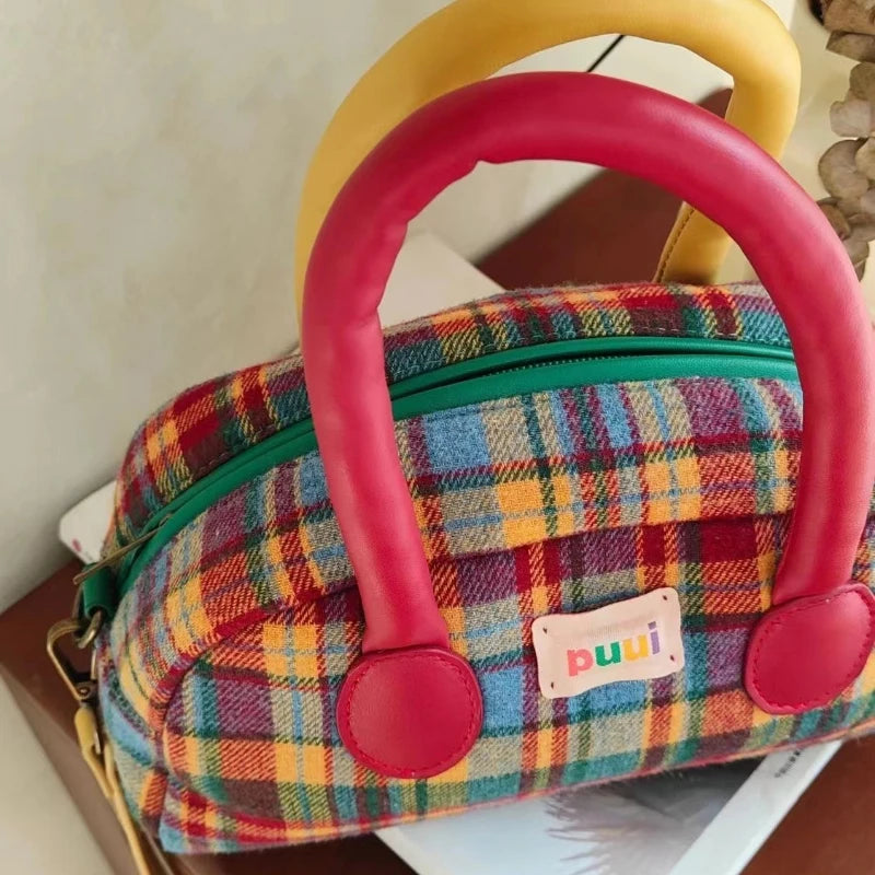 INGVN  Fashion Handbag for Women Vintage American Style Plaid Fresh Cute Shoulder Bag New Luxury Designers Zipper Crossbody Bag