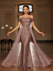 Sequined Contrast Mesh Cold Shoulder Asymmetrical Dress, Elegant Bodycon Dress For Party & Banquet, Women's Clothing