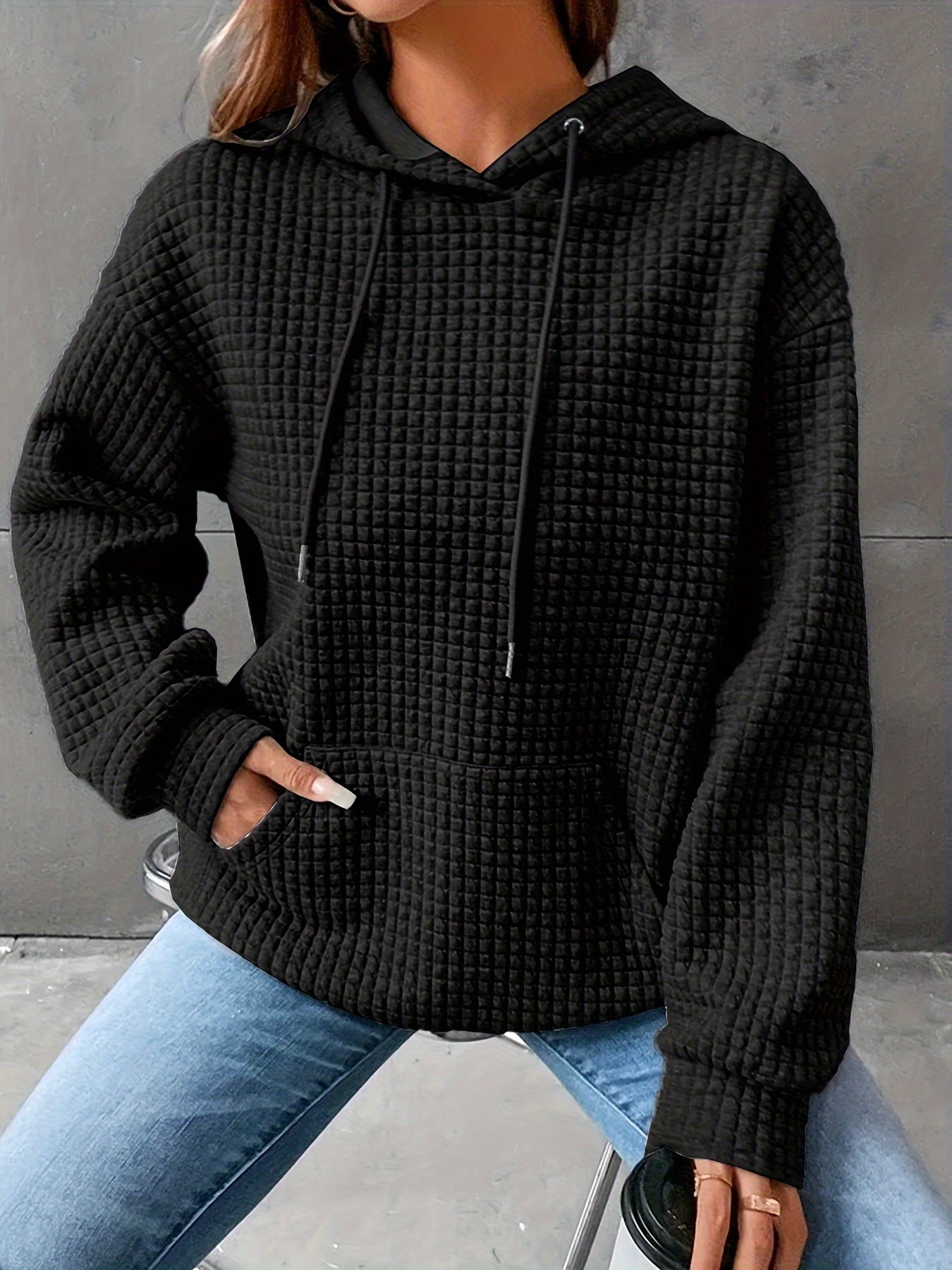 Waffle Grid Kangaroo Pocket Hoodie, Casual Long Sleeve Drawstring Hoodies Sweatshirt, Women's Clothing