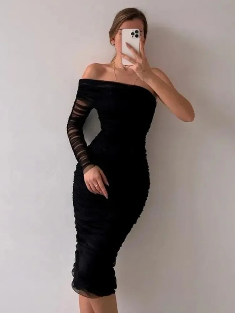 See Through Mesh Midi Dresses For Women Fold Sexy Slim Cocktail Dress Woman Wedding Bodycon Off Shoulder Dress Women's