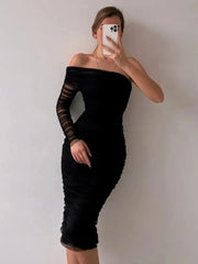 See Through Mesh Midi Dresses For Women Fold Sexy Slim Cocktail Dress Woman Wedding Bodycon Off Shoulder Dress Women's