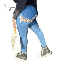 Ingvn - New Back Strap Elastic Bandage Jeans Women's  Skinny Ripped Jeans For Women
