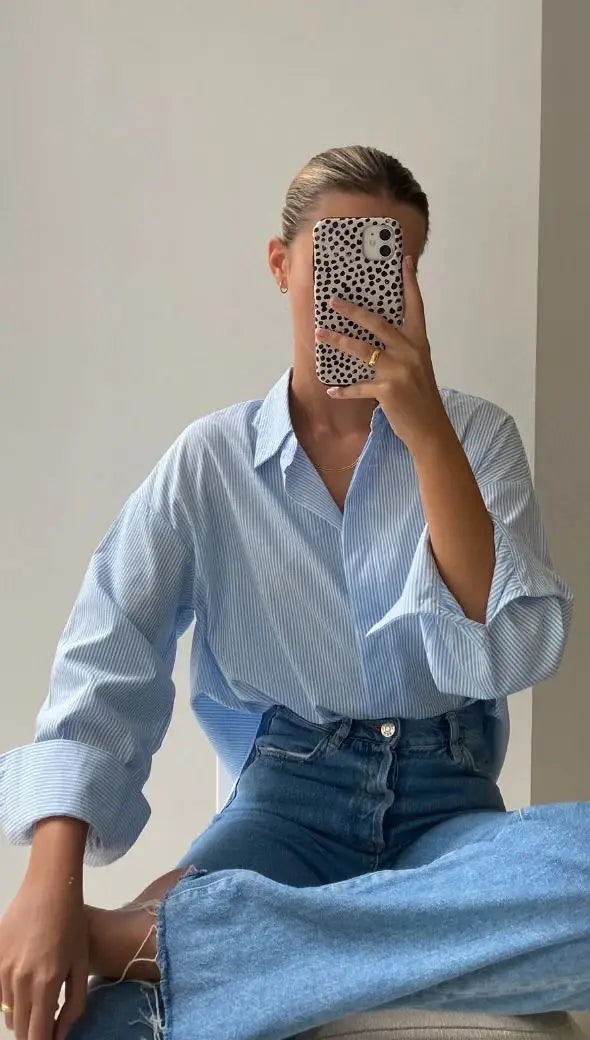 Ingvn  Chic Striped Women Shirt Loose 100% Cotton Shirts Tops Ladies Casual Lapel Oversized Lace Up Blouse Women Tops Blouse