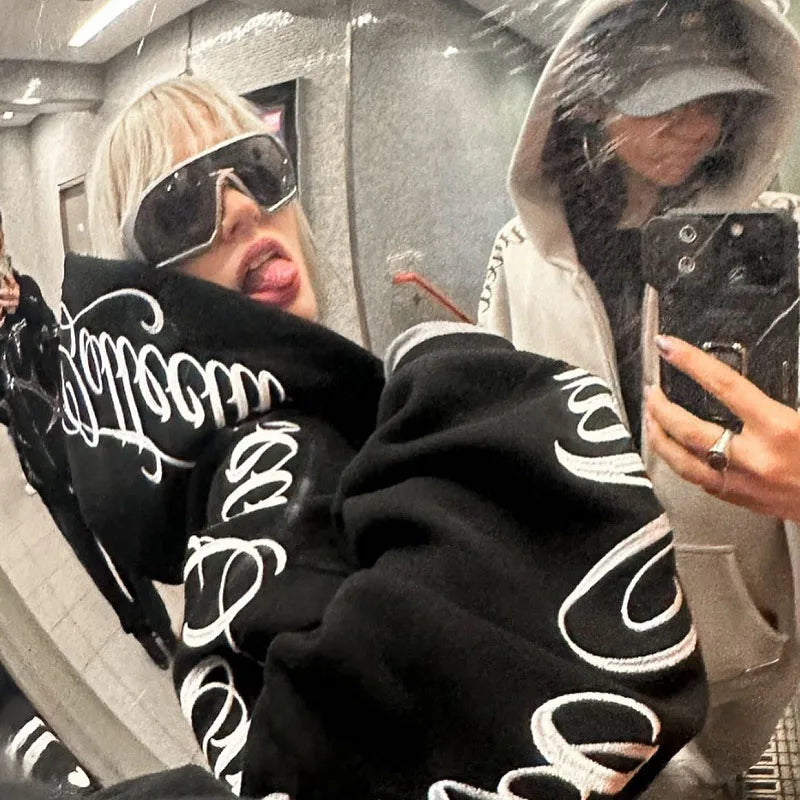 American Winter Sweatshirt Y2k Gothic Hip Hop Couple Hoodies Print Harajuku Zip Up Oversized Women Punk Grunge Black Jacket