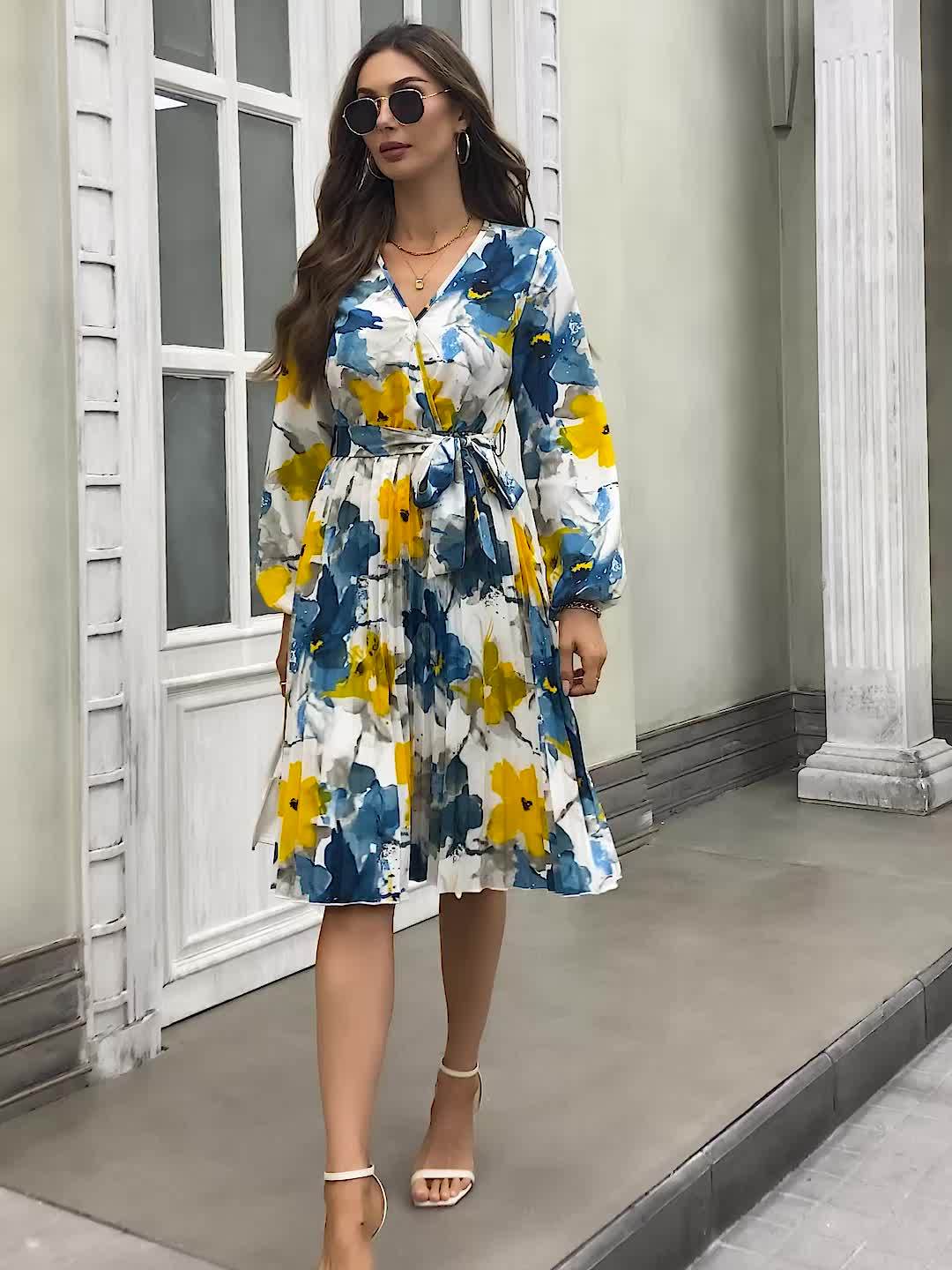 Vibrant Floral Print Belted Pleated Aline Dress - Elegant Long Sleeve V-Neck Design, Flowy Silhouette, Comfortable Wear for Spring & Fall, Women's Clothing for Various Occasions