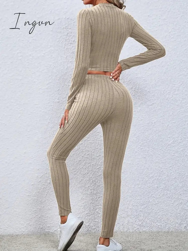 Ingvn - Women's Crop Top Pants Sets Black Red Khaki Solid Color Long Sleeve Casual Daily Fashion Round Neck Regular Fit Spring &  Fall