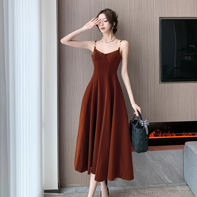 Elegant Party Sleeveless Velvet Midi Dresses for Women Autumn New Vintage Fashions A-line Slim Green Casual Female Clothing