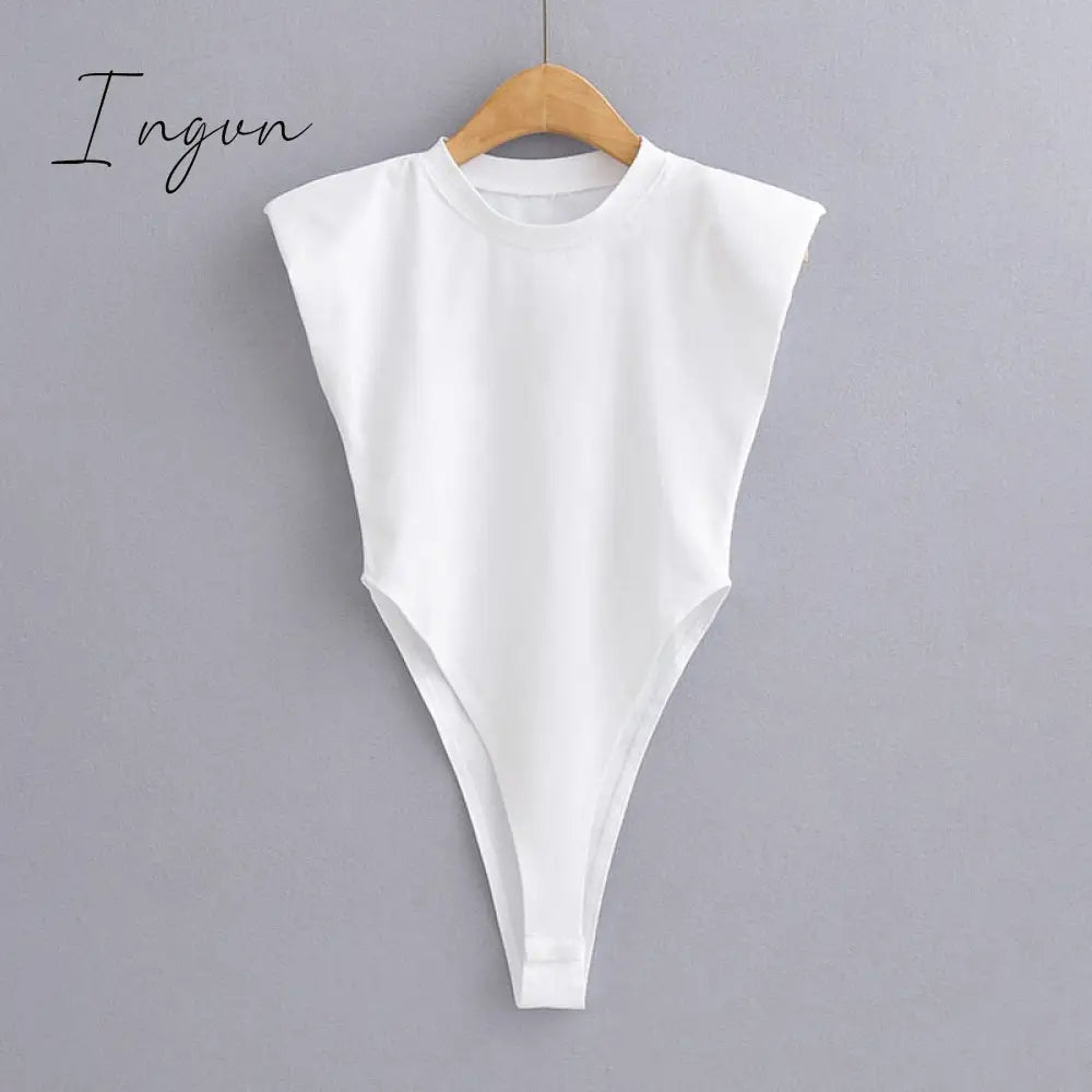 Ingvn - Sexy tops women Summer one-pieces bodycon bodysuit padded shoulder bodysuit black sleeveless body suits for women white