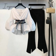 Ingvn - New Spring Summer 2 Pcs Suits Women's Striped Bow Lantern Sleeve Blouse + Black Split Flare Sleeve Pants Set S-3XL