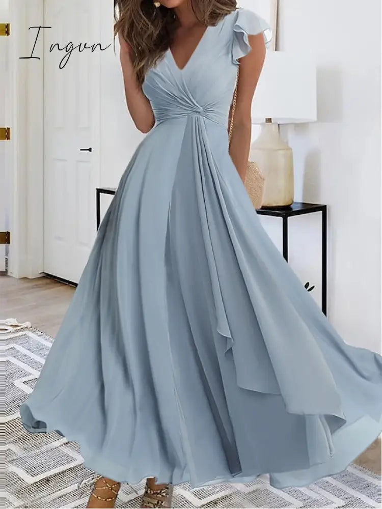 Ingvn - Women's Prom Dress Party Dress Wedding Guest Dress Long Dress Maxi Dress Blue Sleeveless Pure Color Layered Summer Spring Fall V Neck Fashion Evening Party Wedding Guest Summer Dress 2023 S M L XL