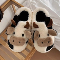 Womens Cartoon Cow Slippers - Plush Warm Lining, Closed Toe Fuzzy Slides, Ultimate Indoor Comfort for Cozy Days