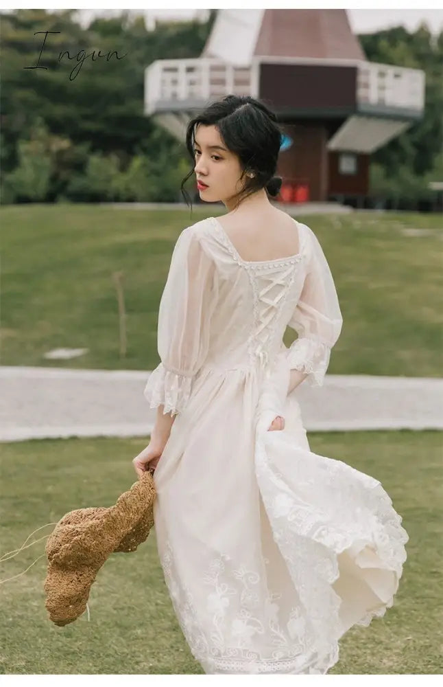 Ingvn - Vintage Retro Dress Women French Style Elegant Designer Fairy Dress Casual Slim Chiffon Party Dress  Autumn Women's Clothing