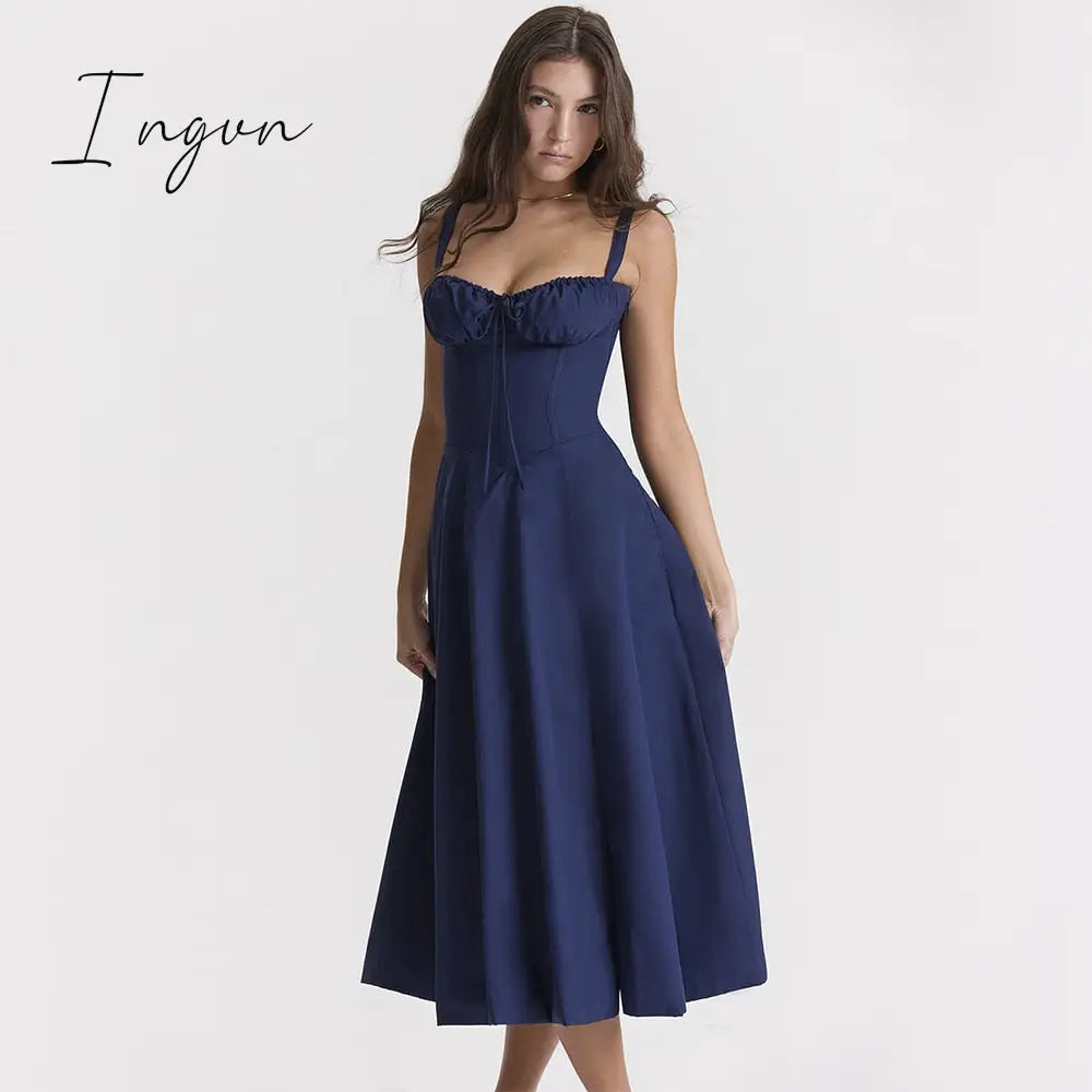 Ingvn - suninheart Elegant  A Line Midi Dress Sexy Spaghetti Strap Lace Up Red Holiday Party Dresses Split Summer Dresses Women 2023