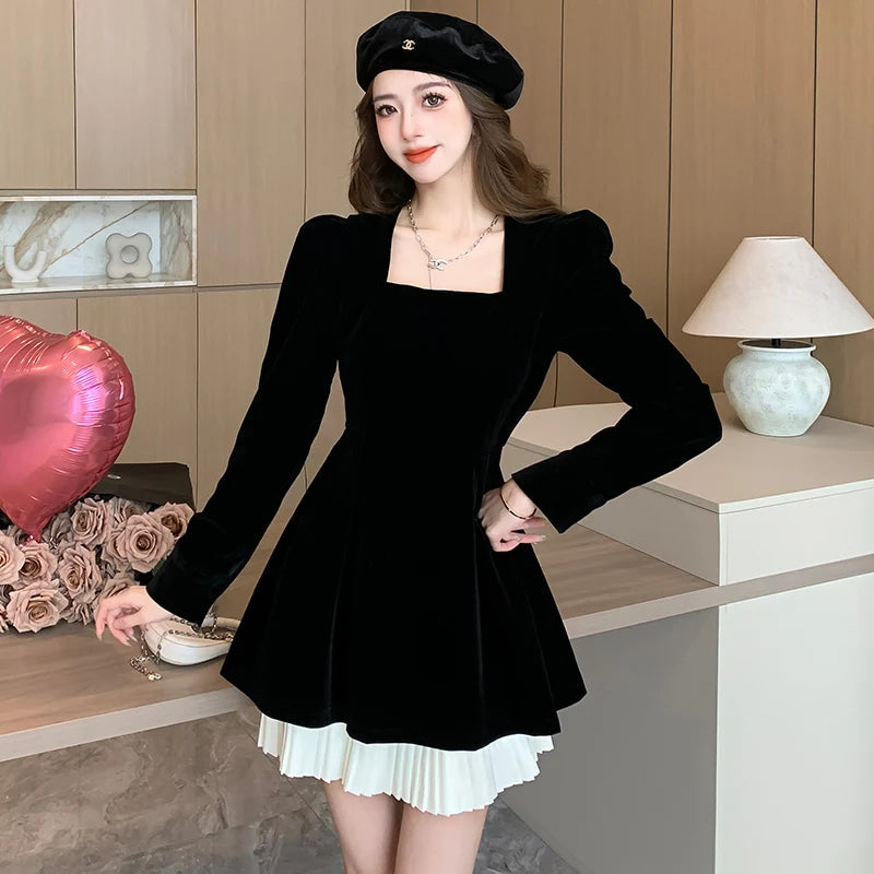 Korean Velvet Mini Dress Elegant Long Sleeve Square Collar Patchwork A-Line Birthday Party Vestidos High Waist Female Dresses