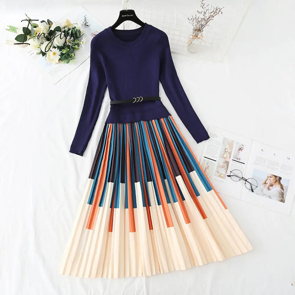 Ingvn - Autumn Winter Elegant Knitted Patchwork Gradient Pink Pleated Dress Women Long Sleeve Office One-Piece Sweater Dress With Belt